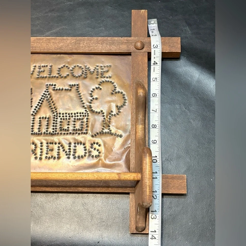 Handmade Welcome Friends Wood and Tin Kitchen Towel Holder - Brown